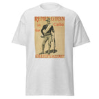 Unisex heather gray t-shirt featuring vintage Remington in Cuba poster artwork printed across the front