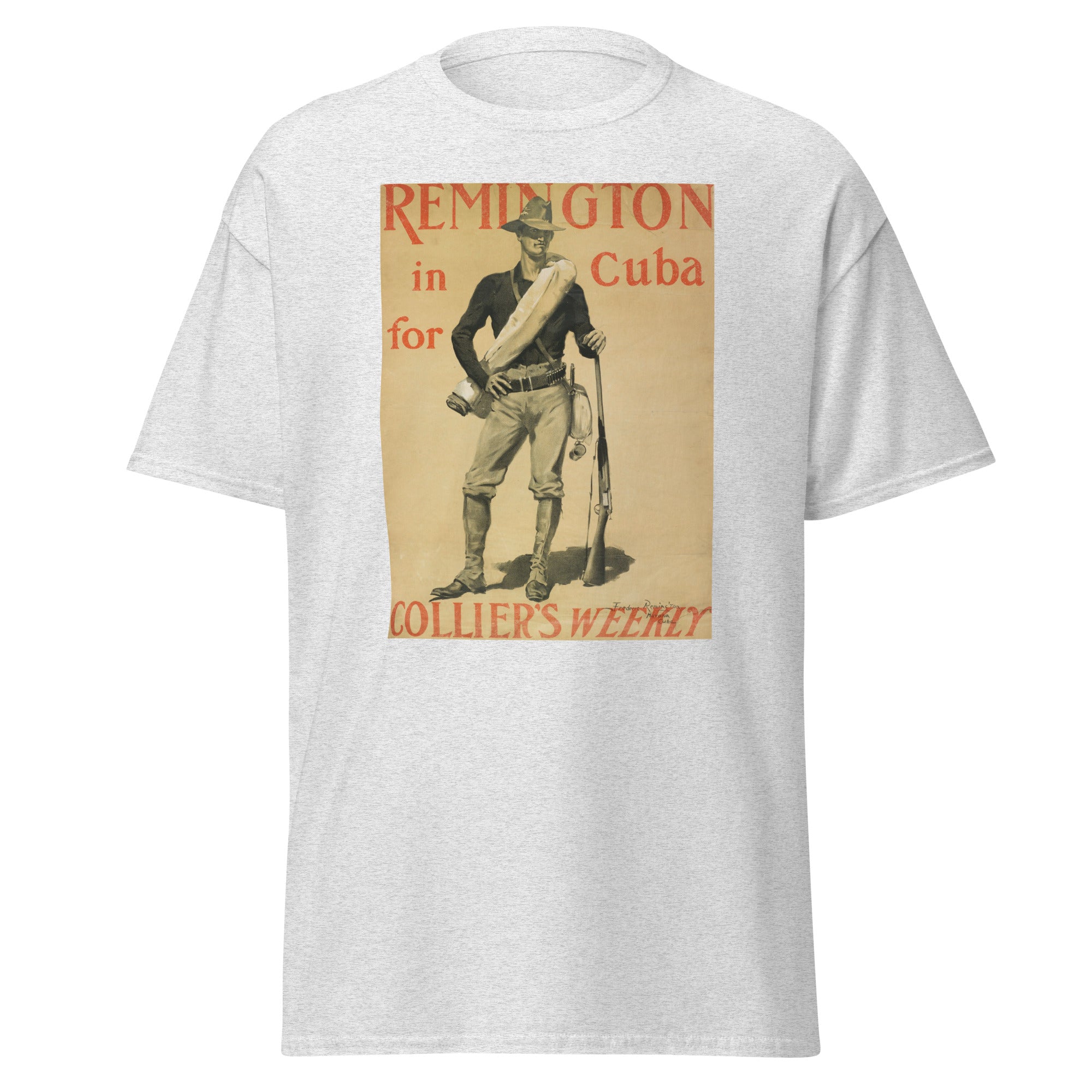 Unisex heather gray t-shirt featuring vintage Remington in Cuba poster artwork printed across the front