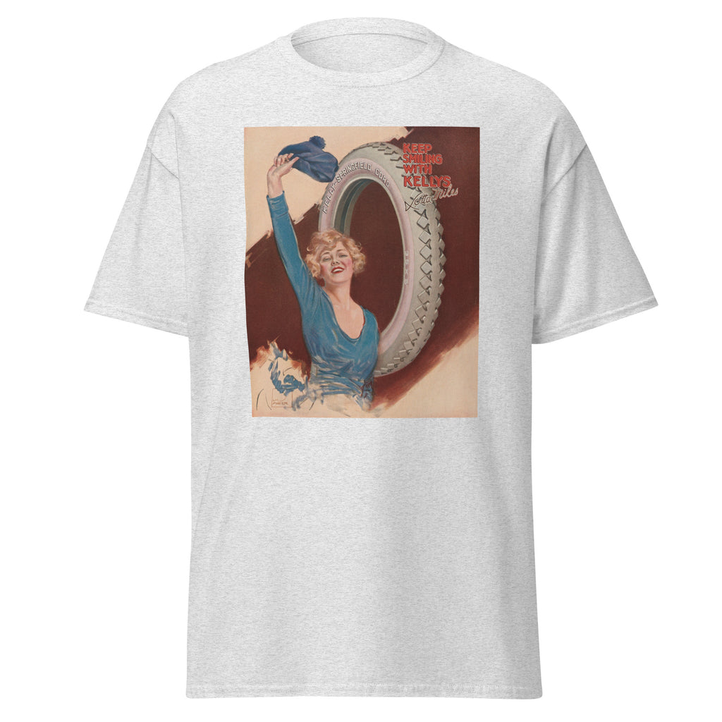 Unisex heather gray t-shirt featuring vintage Kellys Tires poster artwork printed across the front