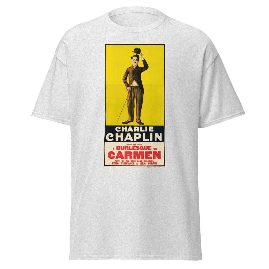 Unisex heather gray t-shirt featuring vintage Charlie Chaplin Carmen poster artwork printed across the front