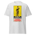 Unisex heather gray t-shirt featuring vintage Charlie Chaplin Carmen poster artwork printed across the front