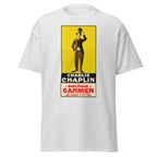 Unisex heather gray t-shirt featuring vintage Charlie Chaplin Carmen poster artwork printed across the front
