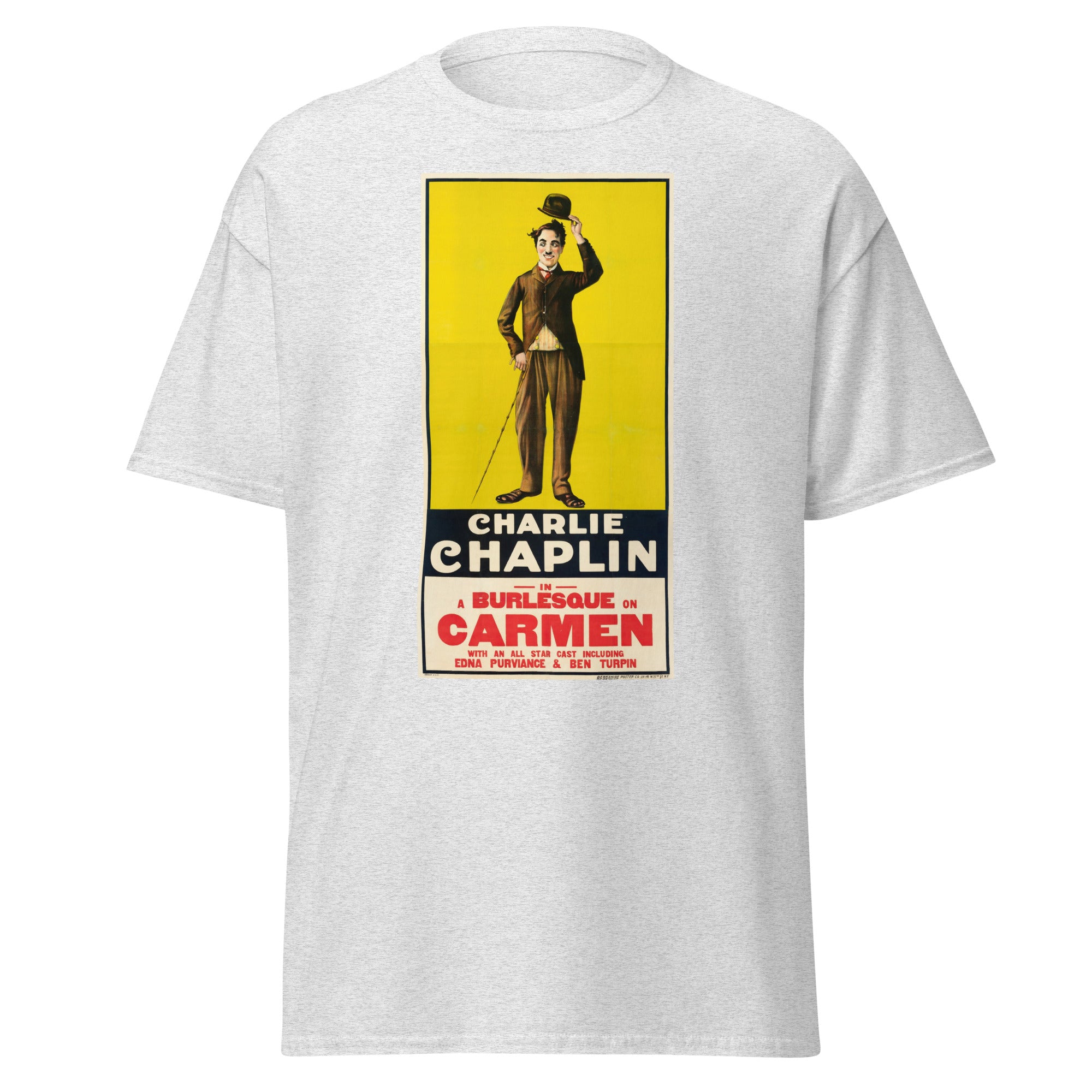 Unisex heather gray t-shirt featuring vintage Charlie Chaplin Carmen poster artwork printed across the front
