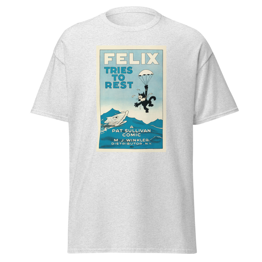 Unisex heather gray t-shirt featuring vintage Felix Tries to Rest poster artwork printed across the front