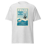 Unisex heather gray t-shirt featuring vintage Felix Tries to Rest poster artwork printed across the front