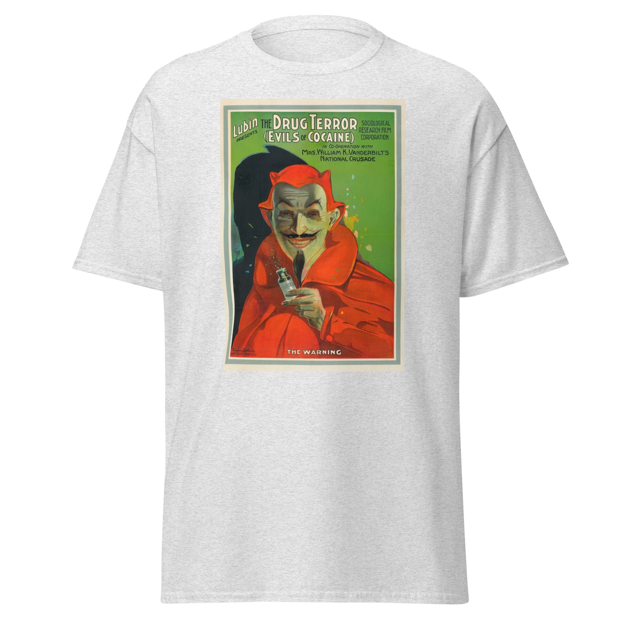 Unisex black t-shirt featuring vintage Evils of Cocaine poster artwork printed across the front