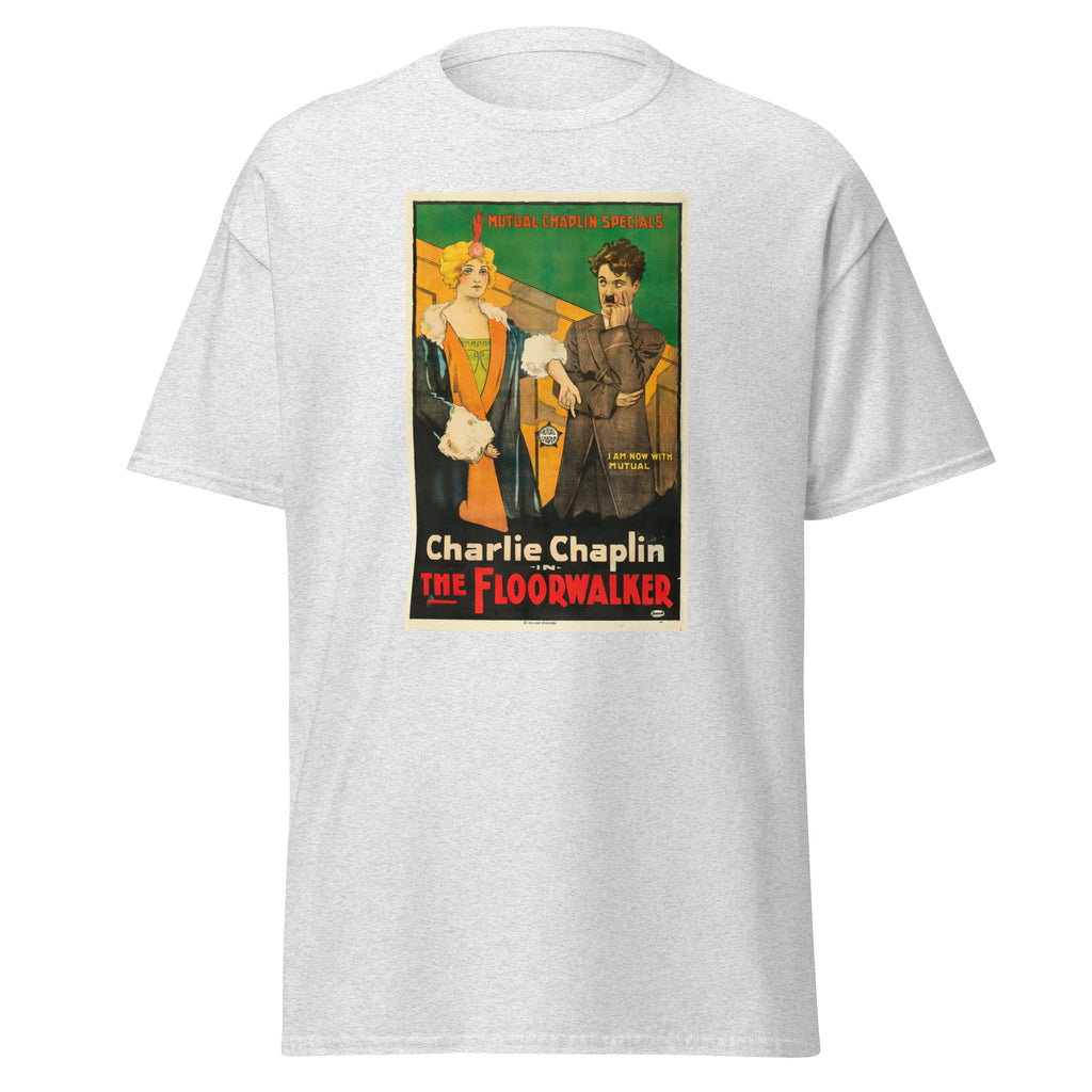 Unisex heather gray t-shirt featuring vintage Charlie Chaplin Floorwalker poster artwork printed across the front