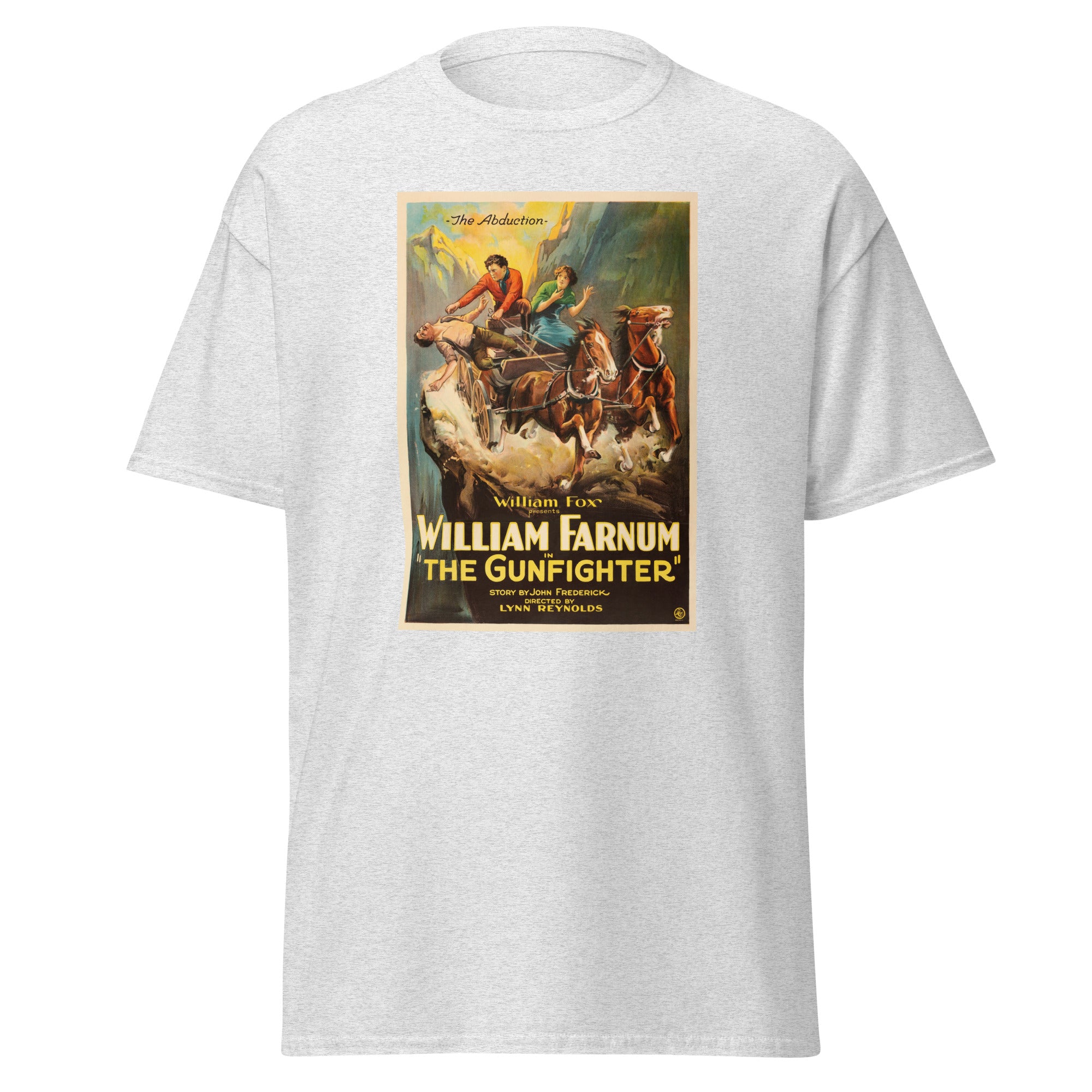 Unisex black t-shirt featuring vintage William Farnum the Gunfighter poster artwork printed across the front