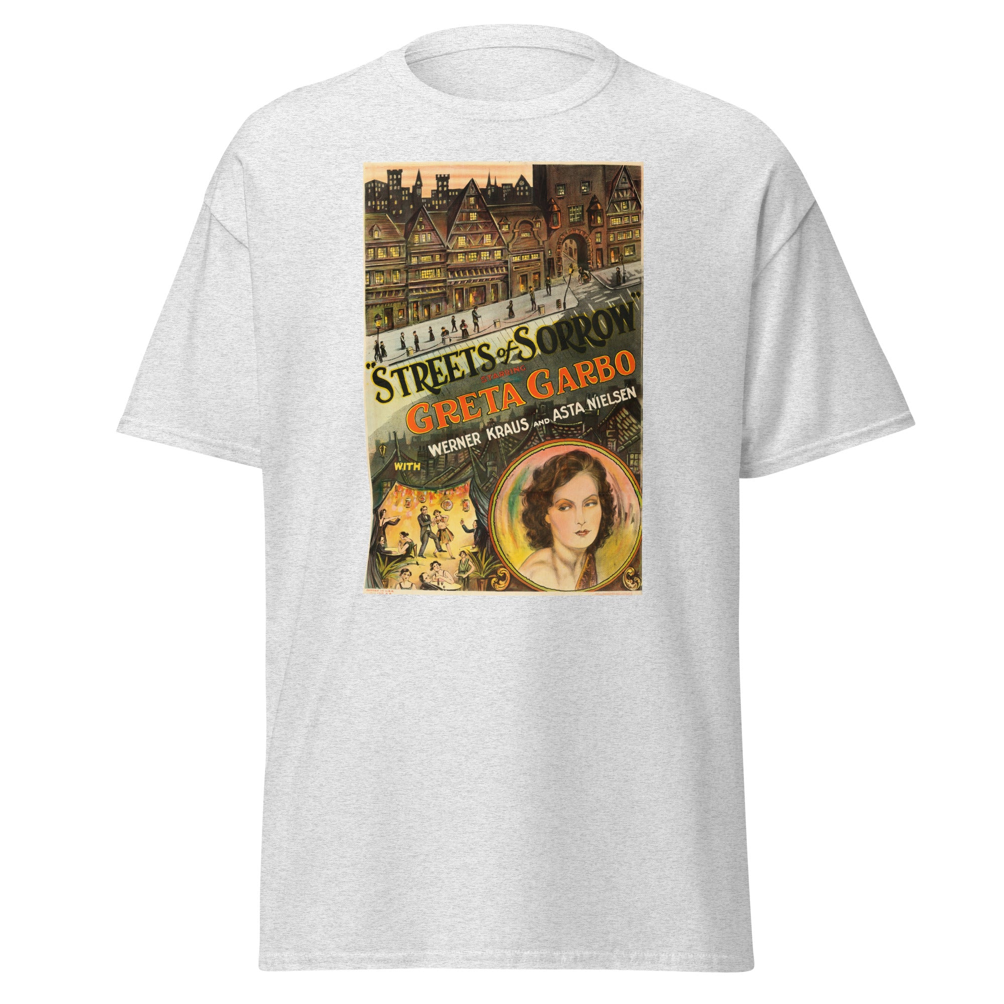 Unisex heather gray t-shirt featuring vintage Greta Garbo Streets of Sorrow poster artwork printed across the front