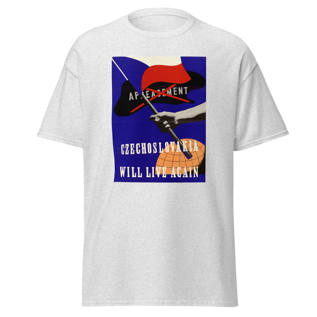 Unisex black t-shirt featuring vintage Czechoslovakia poster artwork printed across the front