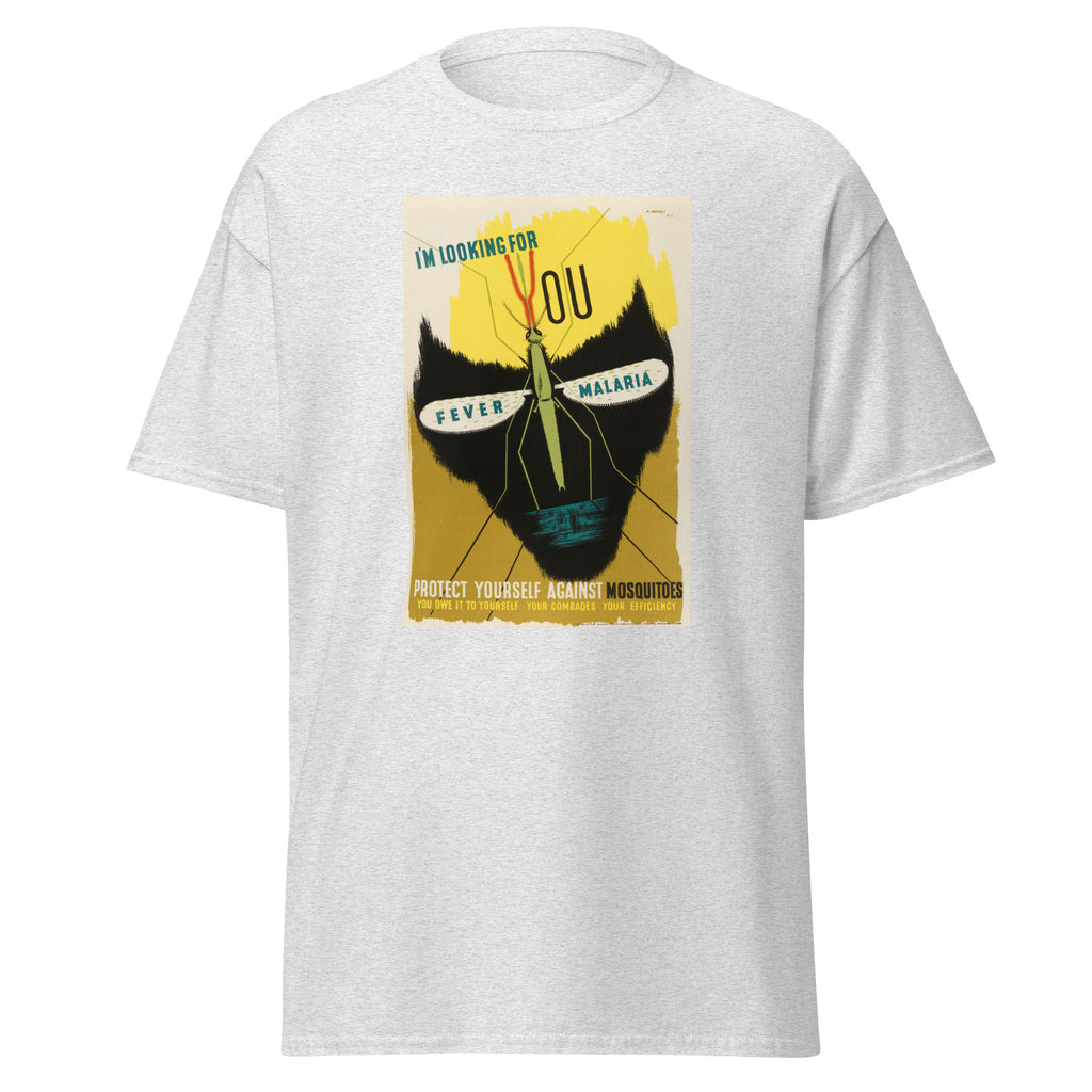 Unisex black t-shirt featuring vintage Malaria Vintage poster artwork printed across the front
