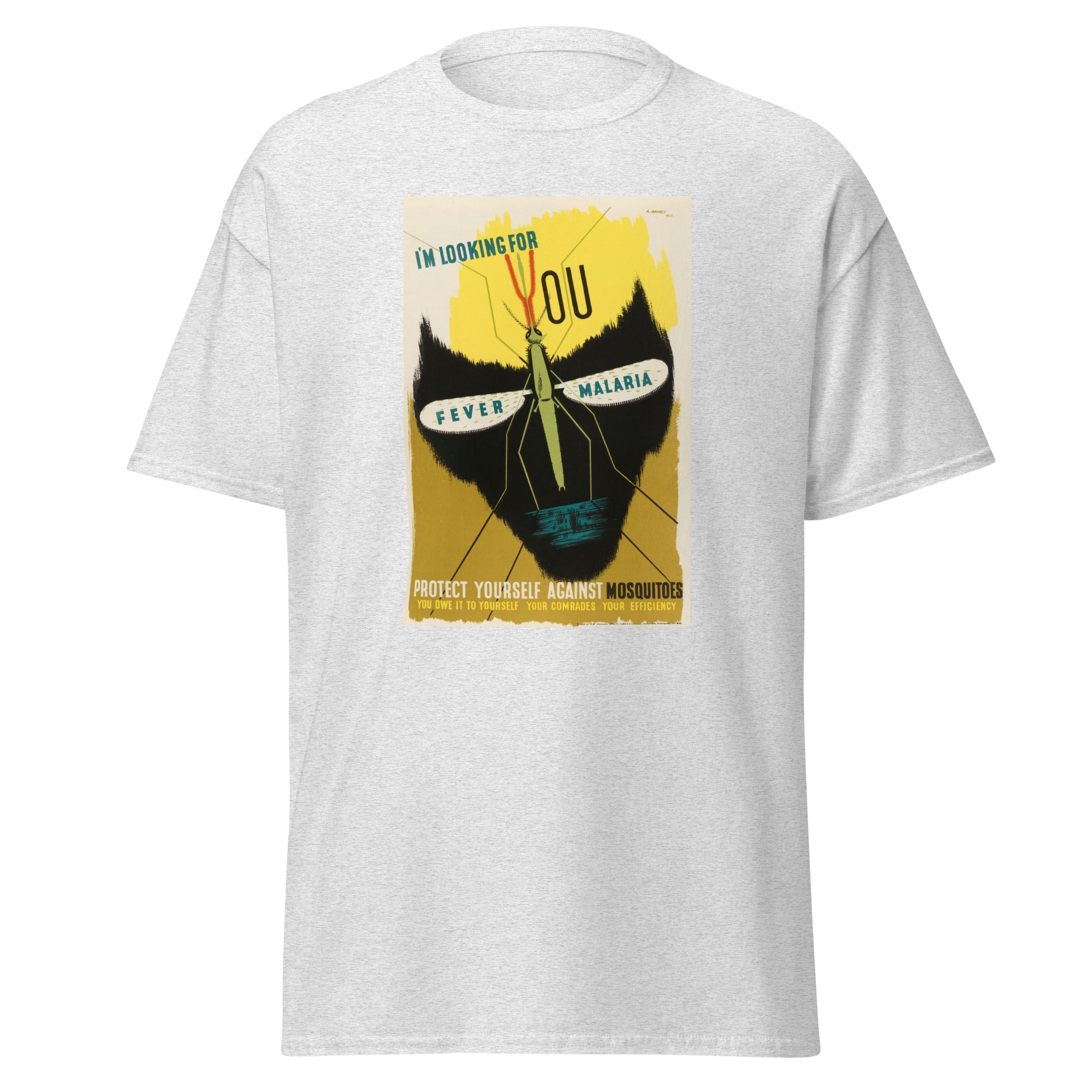 Unisex black t-shirt featuring vintage Malaria Vintage poster artwork printed across the front