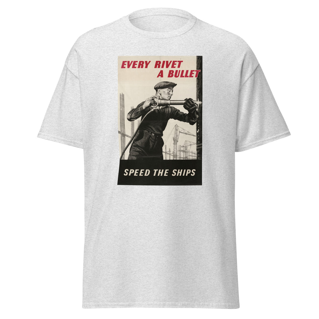 Unisex black t-shirt featuring vintage Every Rivet a Bullet poster artwork printed across the front