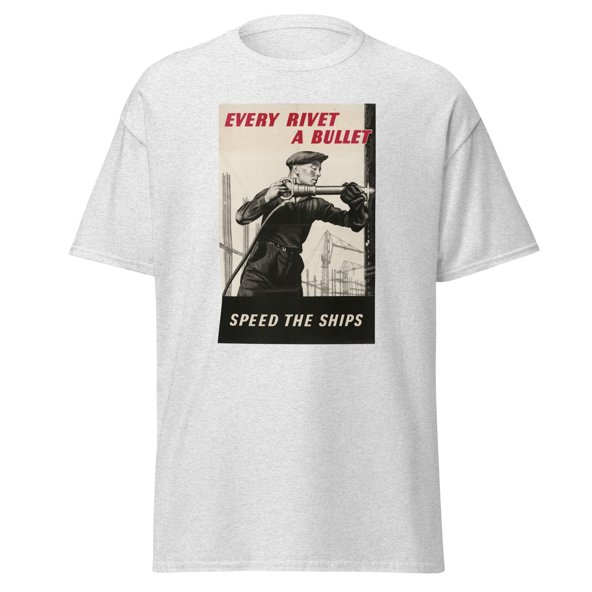Unisex black t-shirt featuring vintage Every Rivet a Bullet poster artwork printed across the front