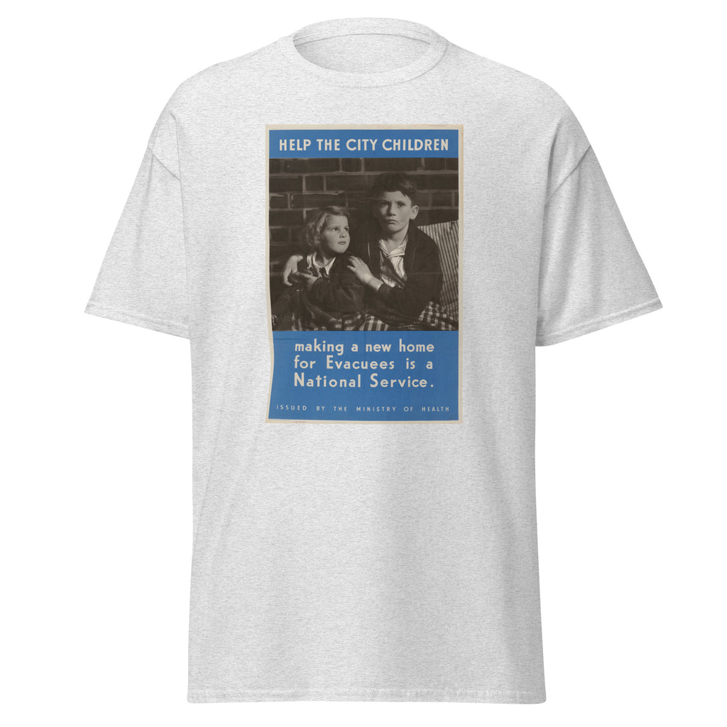 Unisex black t-shirt featuring vintage Children Evacuees WWII poster artwork printed across the front
