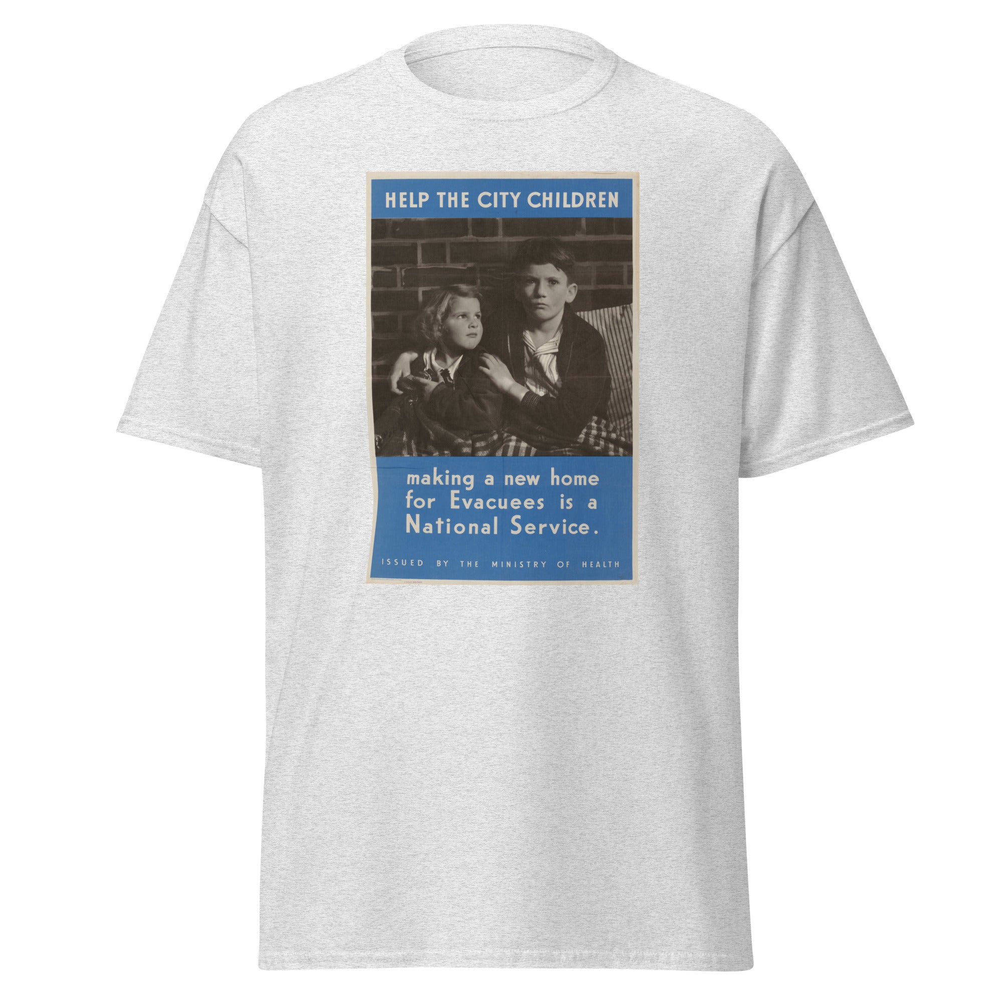 Unisex black t-shirt featuring vintage Children Evacuees WWII poster artwork printed across the front
