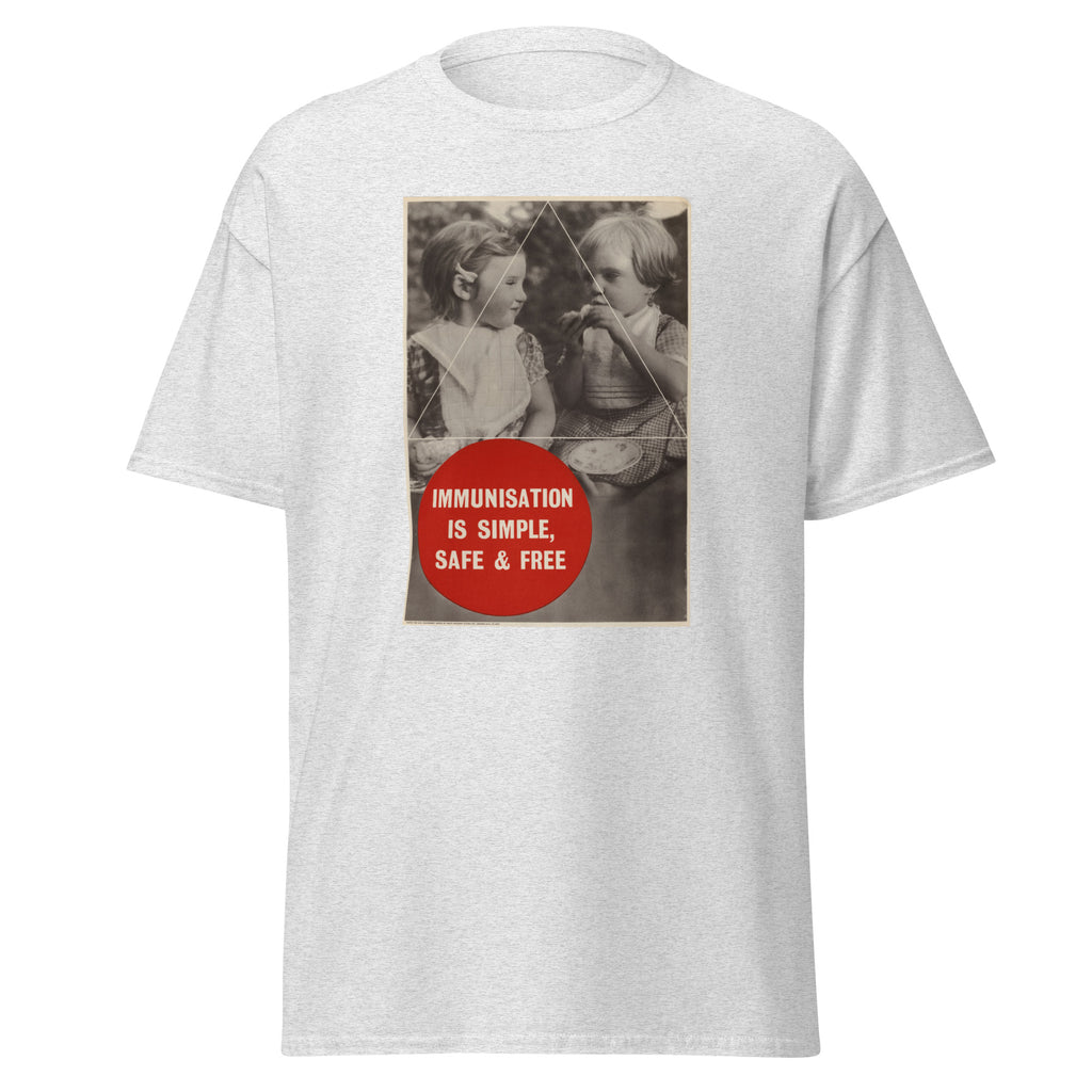 Unisex heather gray t-shirt featuring vintage Immunisation Vintage poster artwork printed across the front