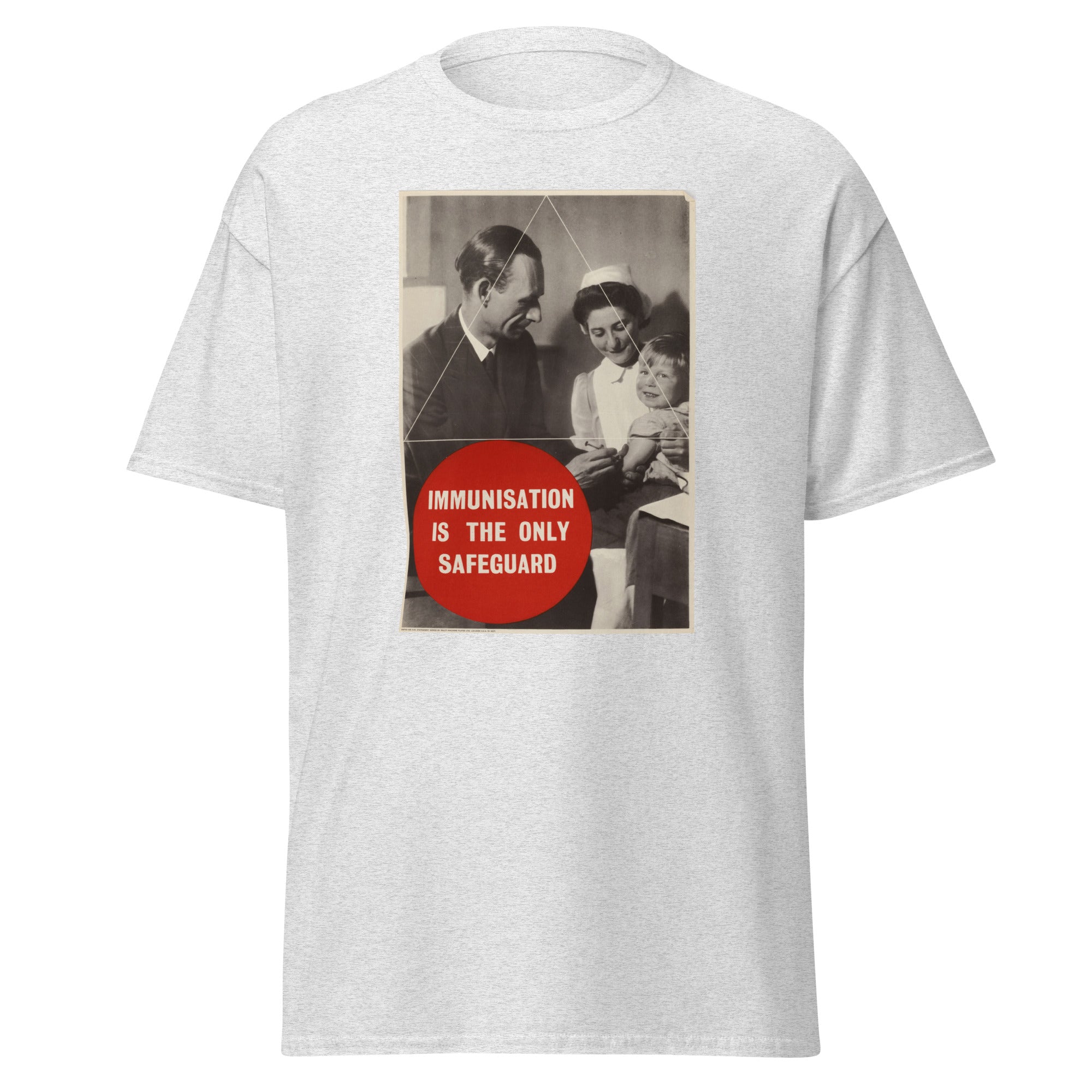 Unisex black t-shirt featuring vintage Immunisation Vintage poster artwork printed across the front