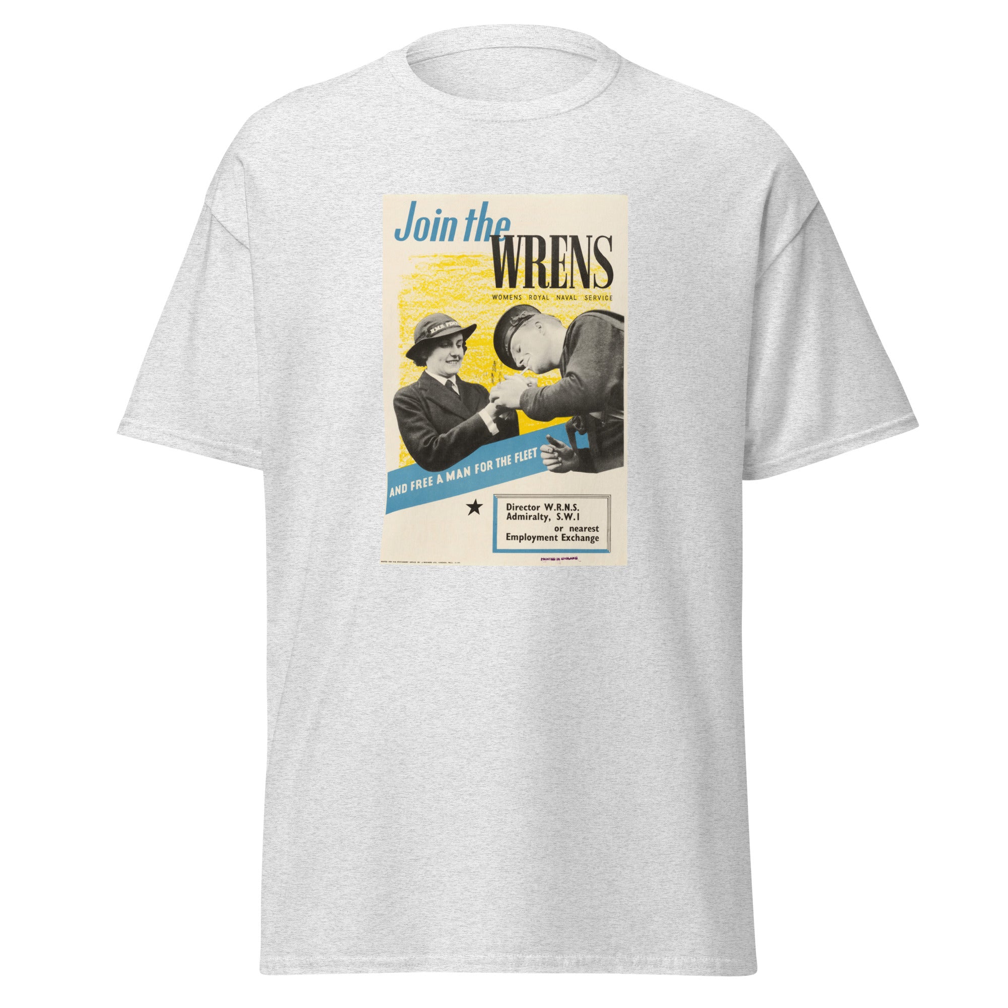 Unisex heather gray t-shirt featuring vintage Womens Royal Naval Service poster artwork printed across the front