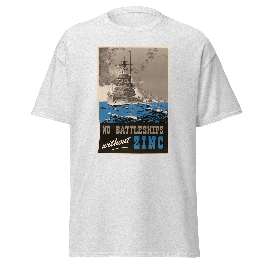 Unisex black t-shirt featuring vintage No Battleships Without Zinc poster artwork printed across the front