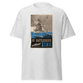 Unisex black t-shirt featuring vintage No Battleships Without Zinc poster artwork printed across the front