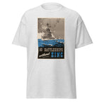 Unisex black t-shirt featuring vintage No Battleships Without Zinc poster artwork printed across the front