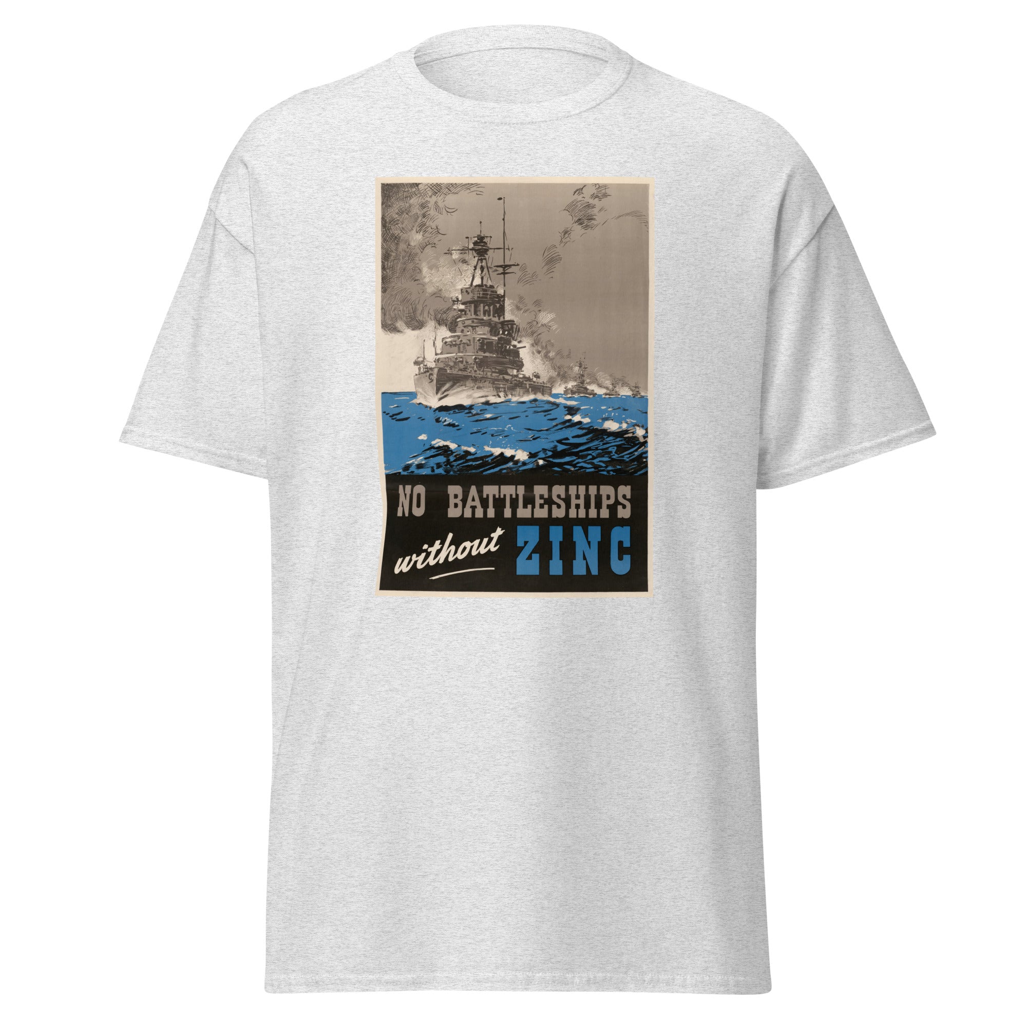 Unisex black t-shirt featuring vintage No Battleships Without Zinc poster artwork printed across the front