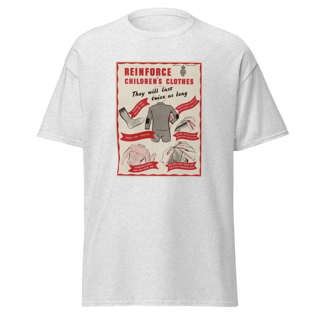 Unisex black t-shirt featuring vintage Reinforce Childrens Clothes poster artwork printed across the front