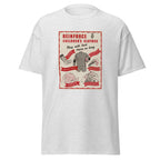 Unisex black t-shirt featuring vintage Reinforce Childrens Clothes poster artwork printed across the front