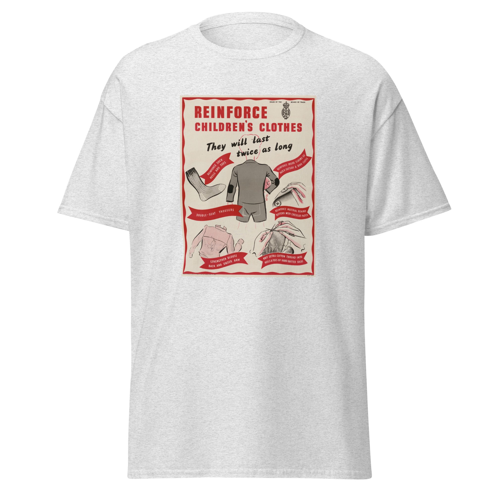 Unisex black t-shirt featuring vintage Reinforce Childrens Clothes poster artwork printed across the front
