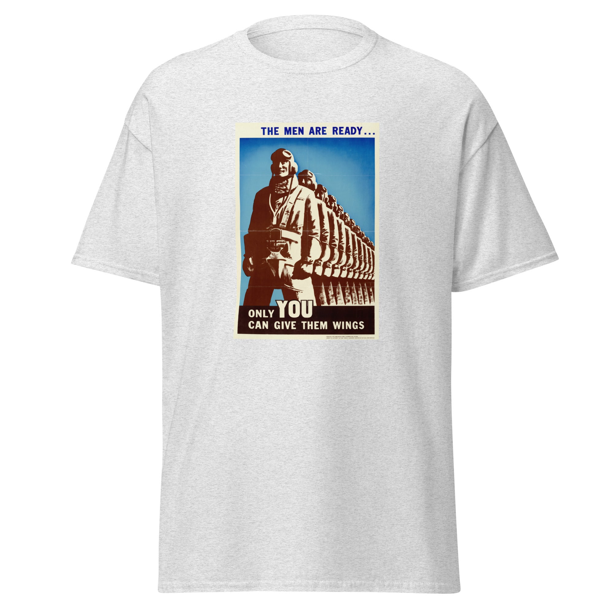 Unisex black t-shirt featuring vintage Give Them Wings Vintage poster artwork printed across the front