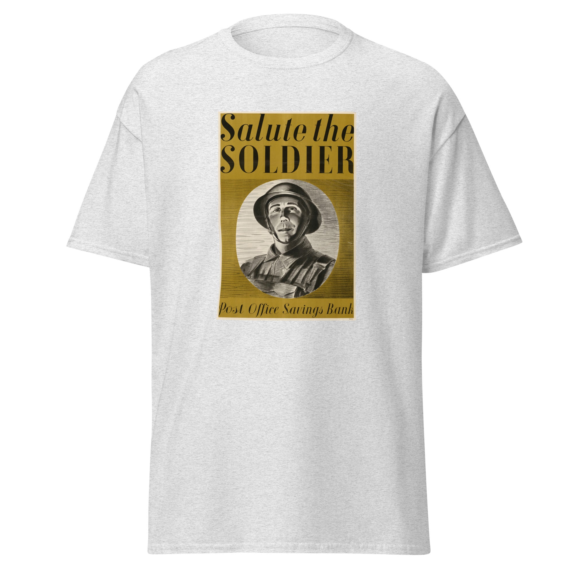 Unisex black t-shirt featuring vintage Salute the Soldier poster artwork printed across the front