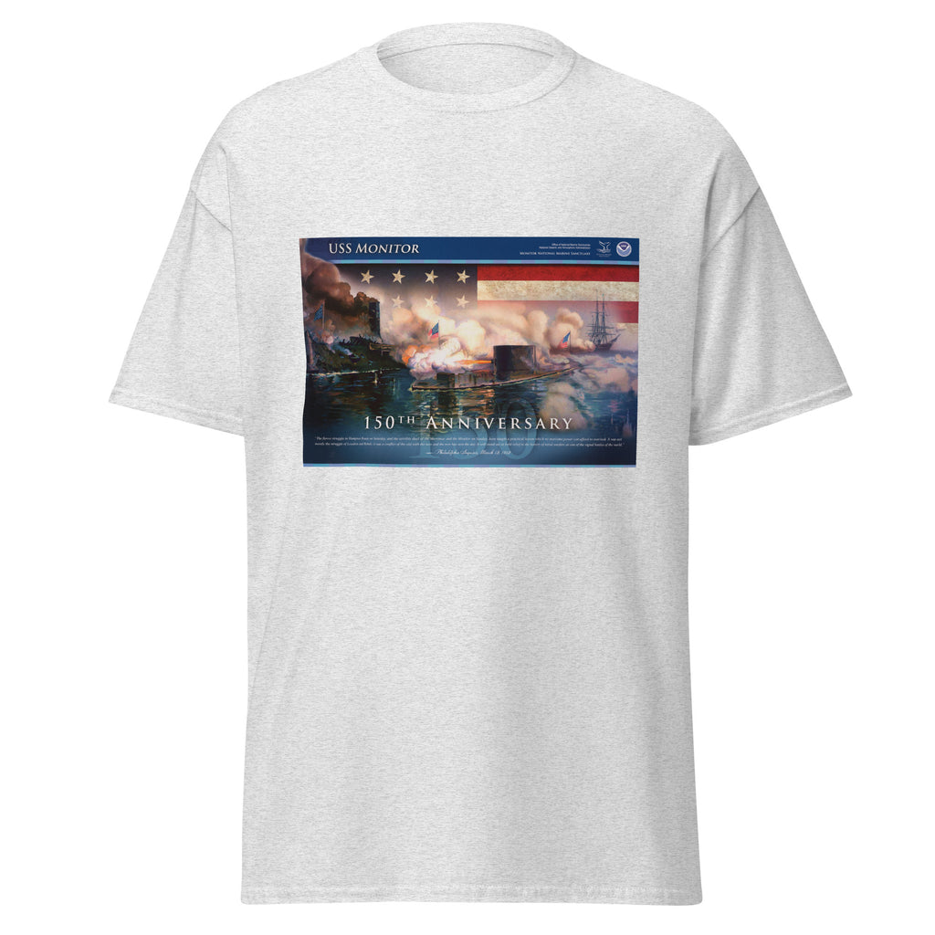 Unisex heather gray t-shirt featuring vintage USS Monitor poster artwork printed across the front
