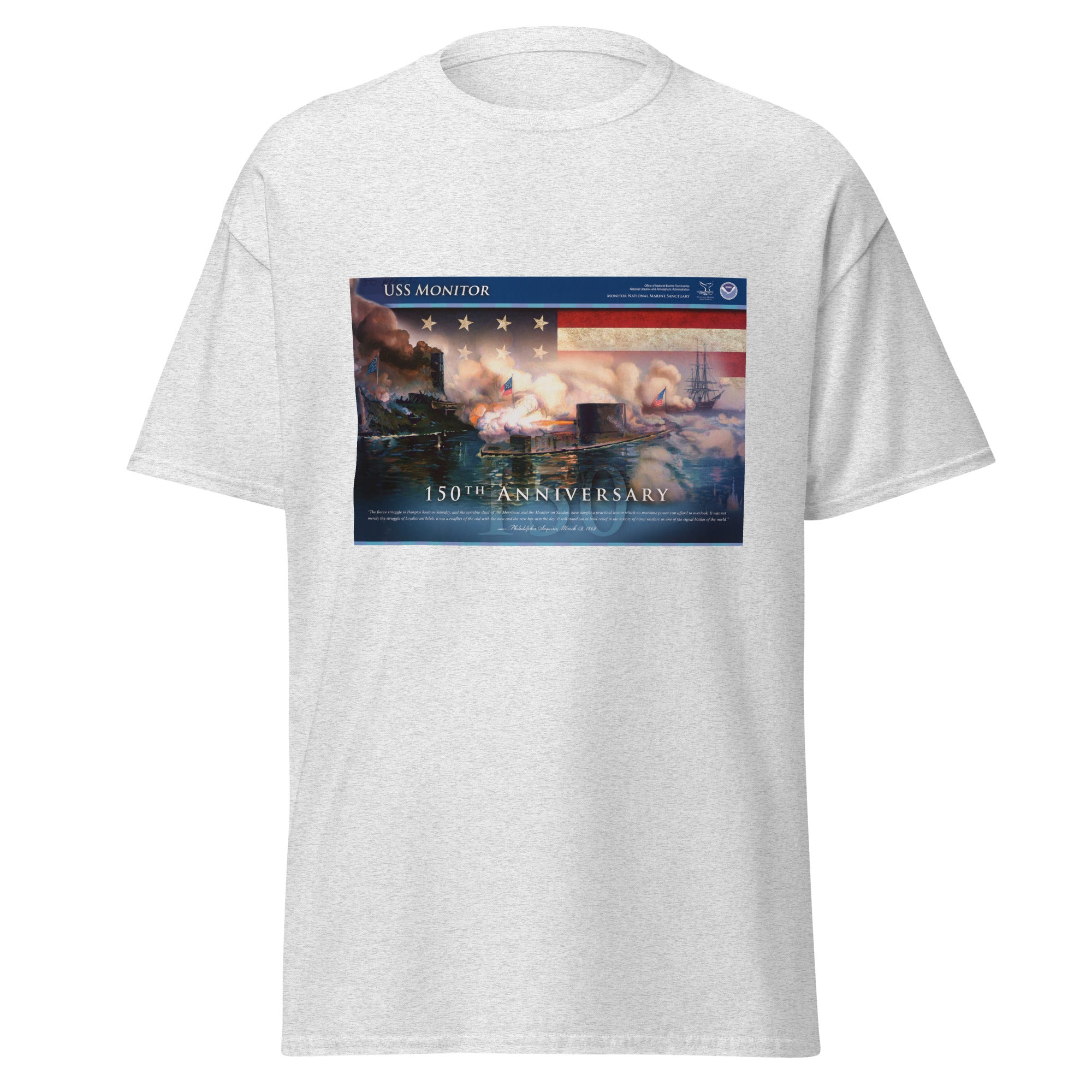 Unisex heather gray t-shirt featuring vintage USS Monitor poster artwork printed across the front