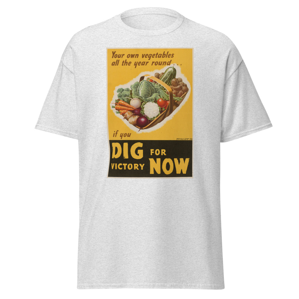 Unisex black t-shirt featuring vintage Dig for Victory poster artwork printed across the front
