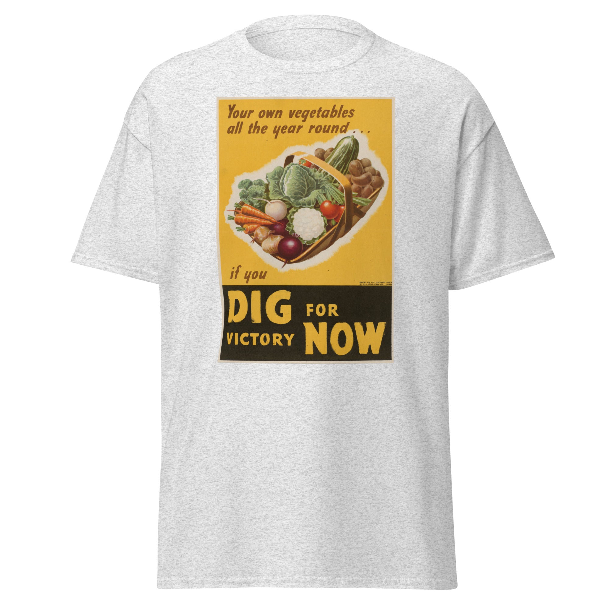 Unisex black t-shirt featuring vintage Dig for Victory poster artwork printed across the front