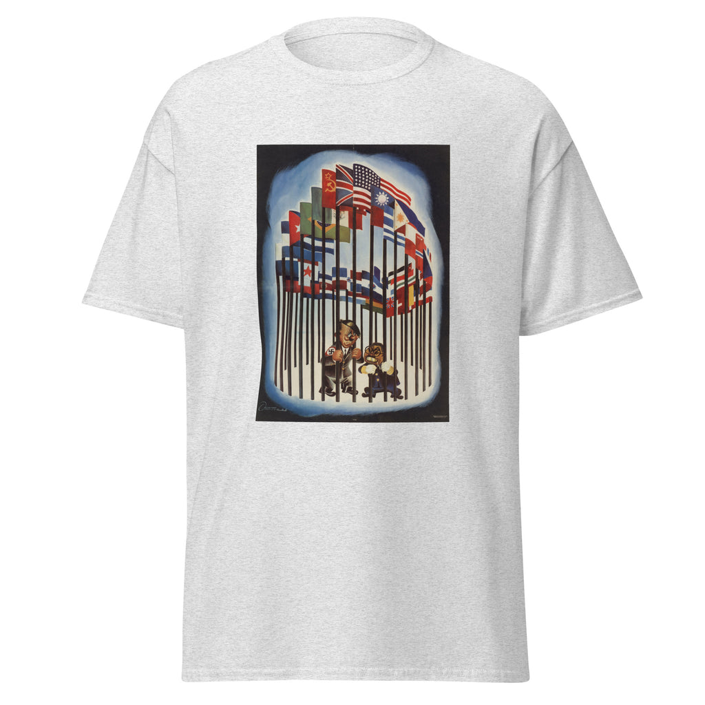 Unisex heather gray t-shirt featuring vintage WWII Allies poster artwork printed across the front