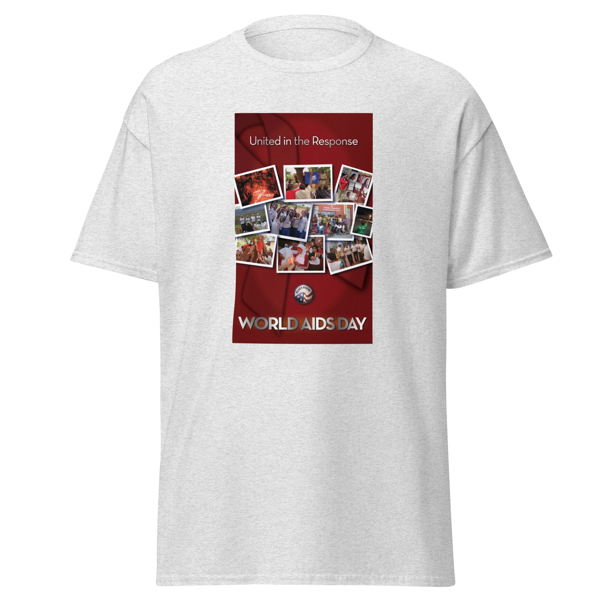 Unisex heather gray t-shirt featuring vintage World AIDS Day poster artwork printed across the front