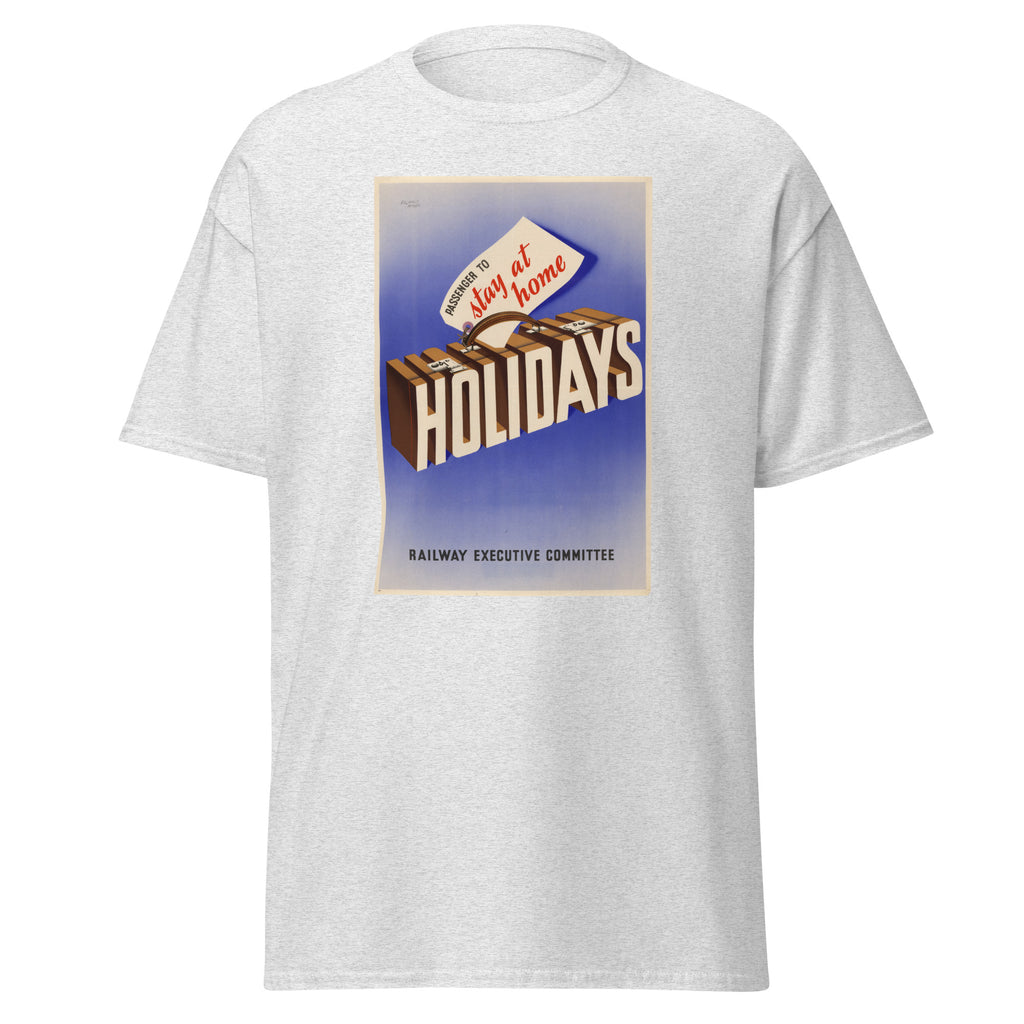 Unisex black t-shirt featuring vintage Railway Stay at Home poster artwork printed across the front