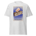 Unisex black t-shirt featuring vintage Railway Stay at Home poster artwork printed across the front
