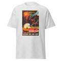 Unisex heather gray t-shirt featuring vintage Vietnam War Cold War poster artwork printed across the front