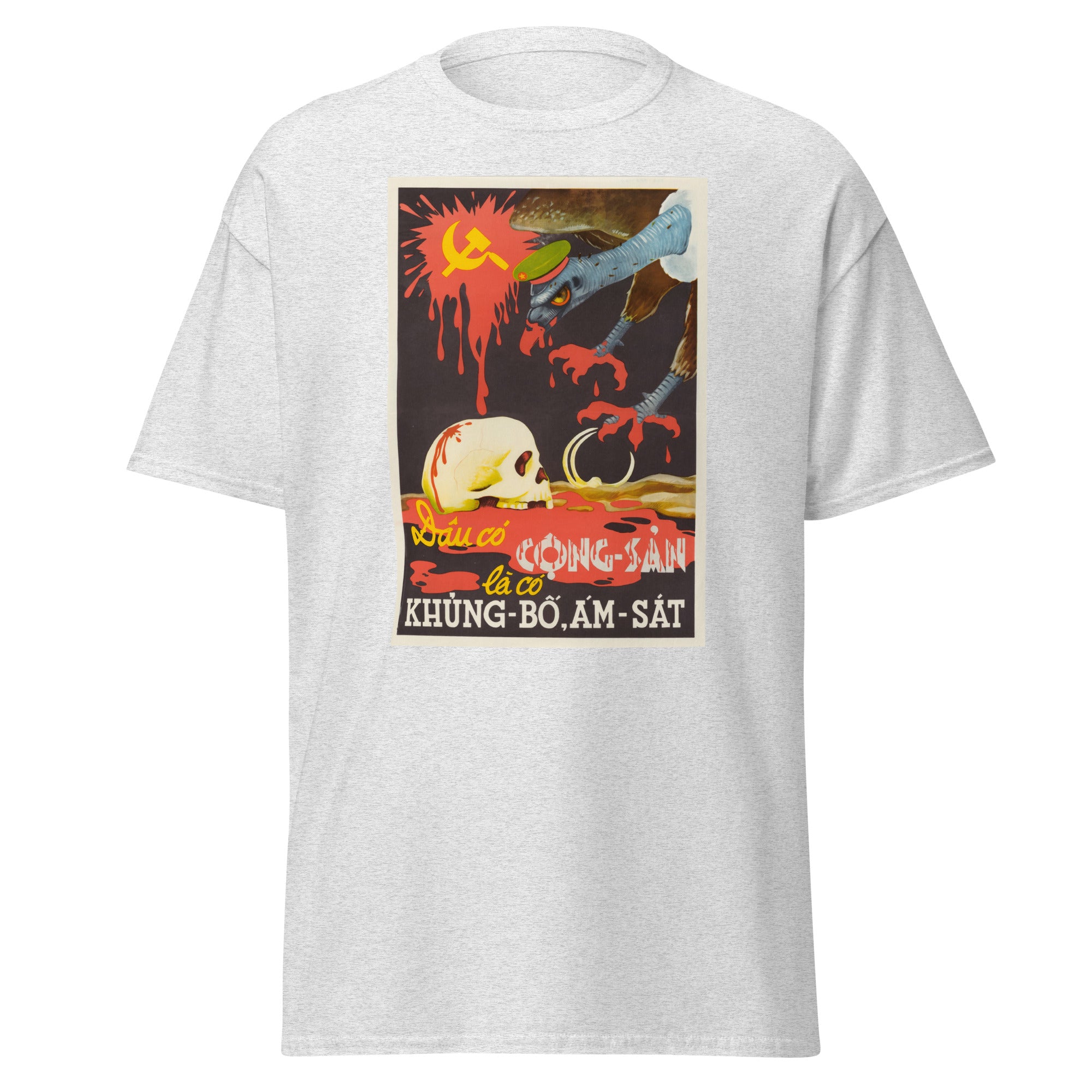 Unisex heather gray t-shirt featuring vintage Vietnam War Cold War poster artwork printed across the front