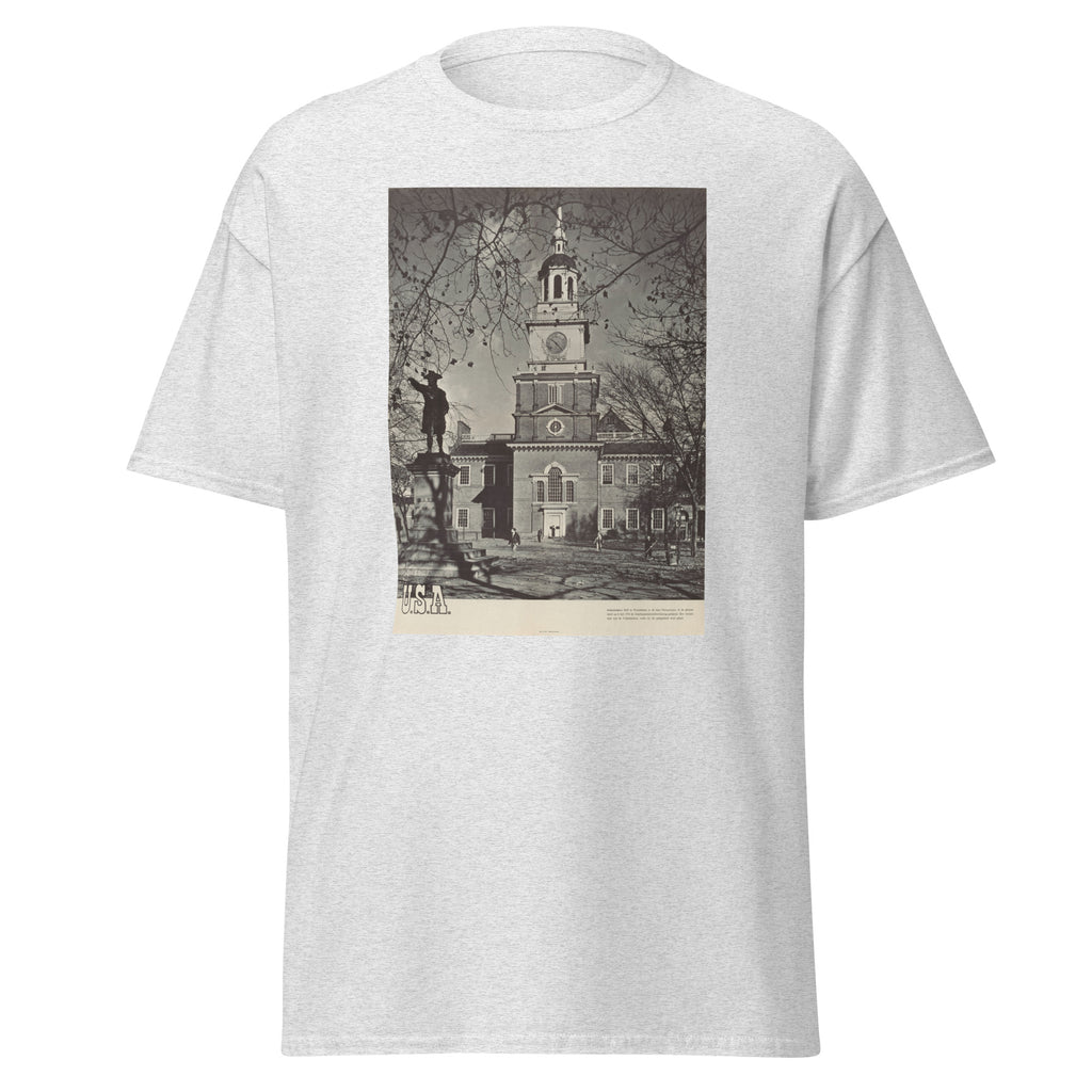 Unisex black t-shirt featuring vintage Independence Hall poster artwork printed across the front