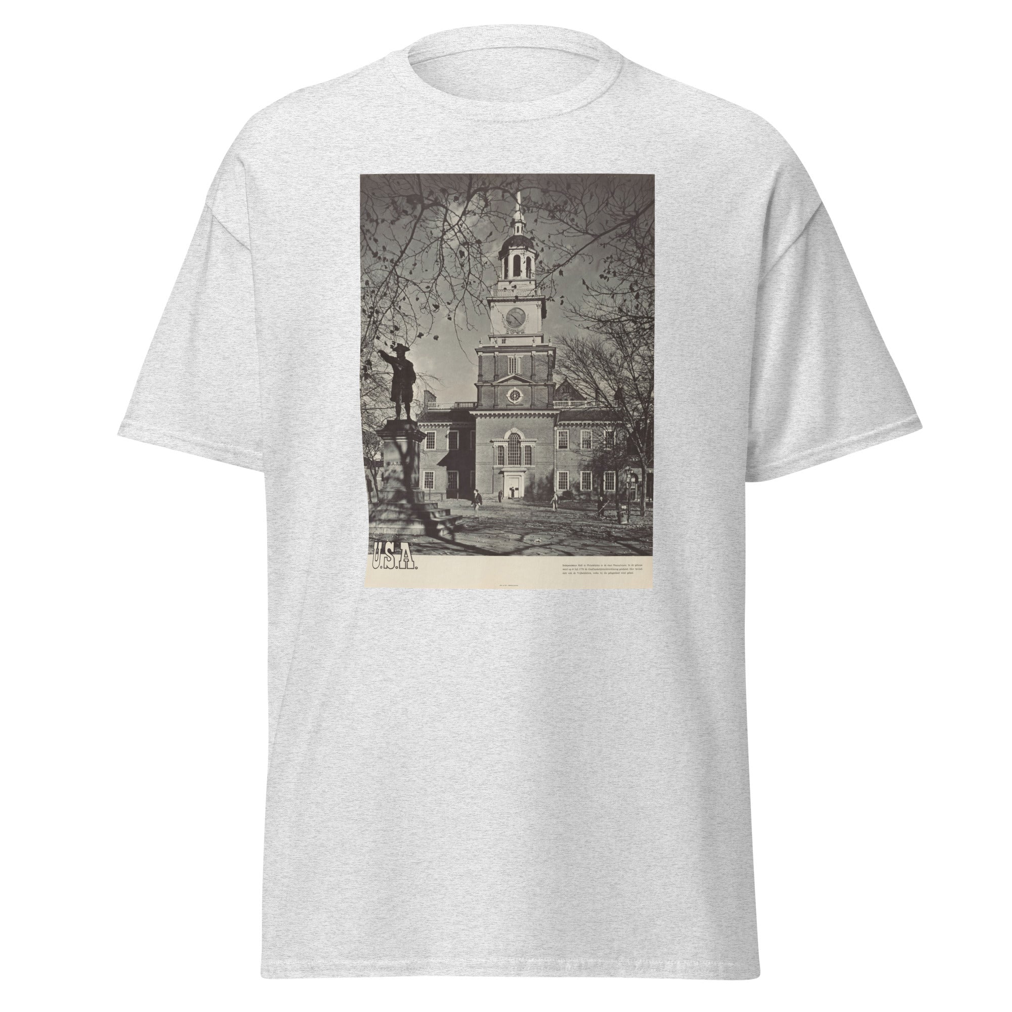 Unisex black t-shirt featuring vintage Independence Hall poster artwork printed across the front