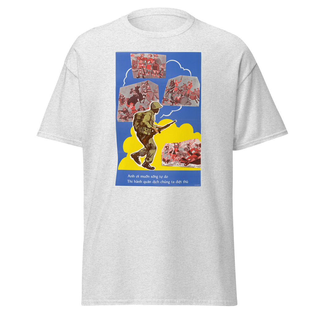 Unisex black t-shirt featuring vintage Vietnam War poster artwork printed across the front