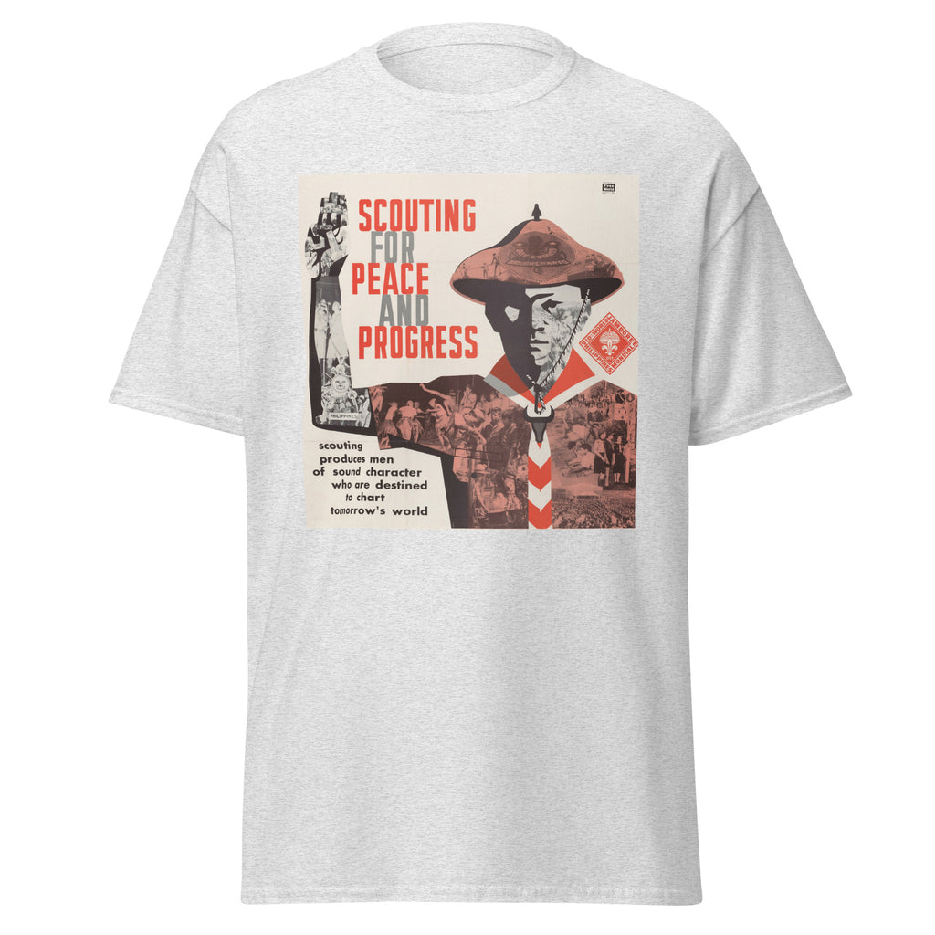 Unisex black t-shirt featuring vintage Scouting for Progress poster artwork printed across the front