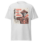 Unisex black t-shirt featuring vintage Scouting for Progress poster artwork printed across the front