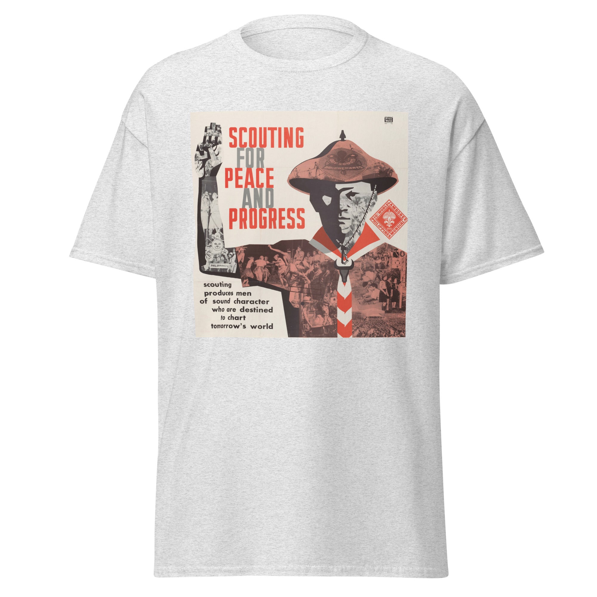 Unisex black t-shirt featuring vintage Scouting for Progress poster artwork printed across the front