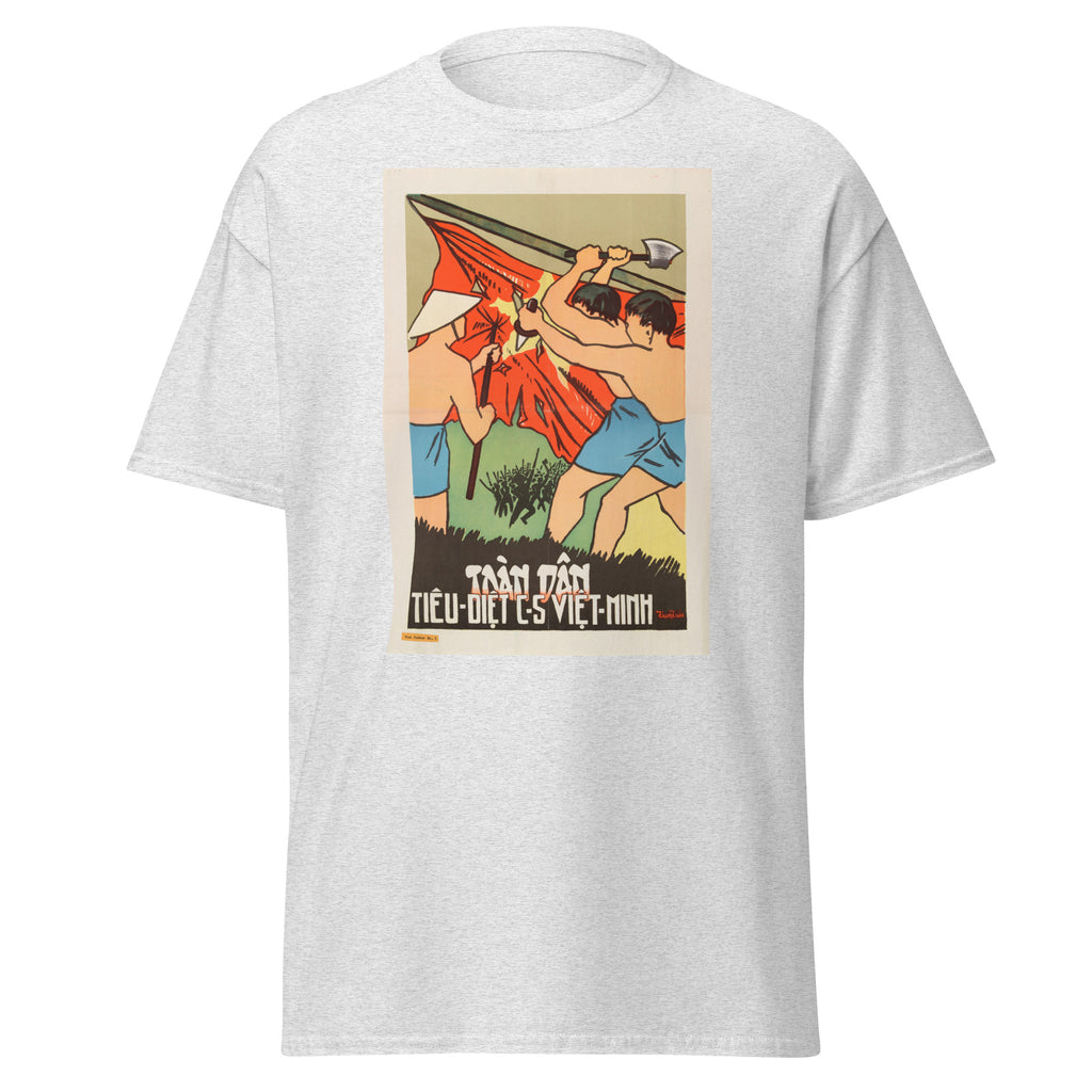 Unisex heather gray t-shirt featuring vintage Vietnam War poster artwork printed across the front