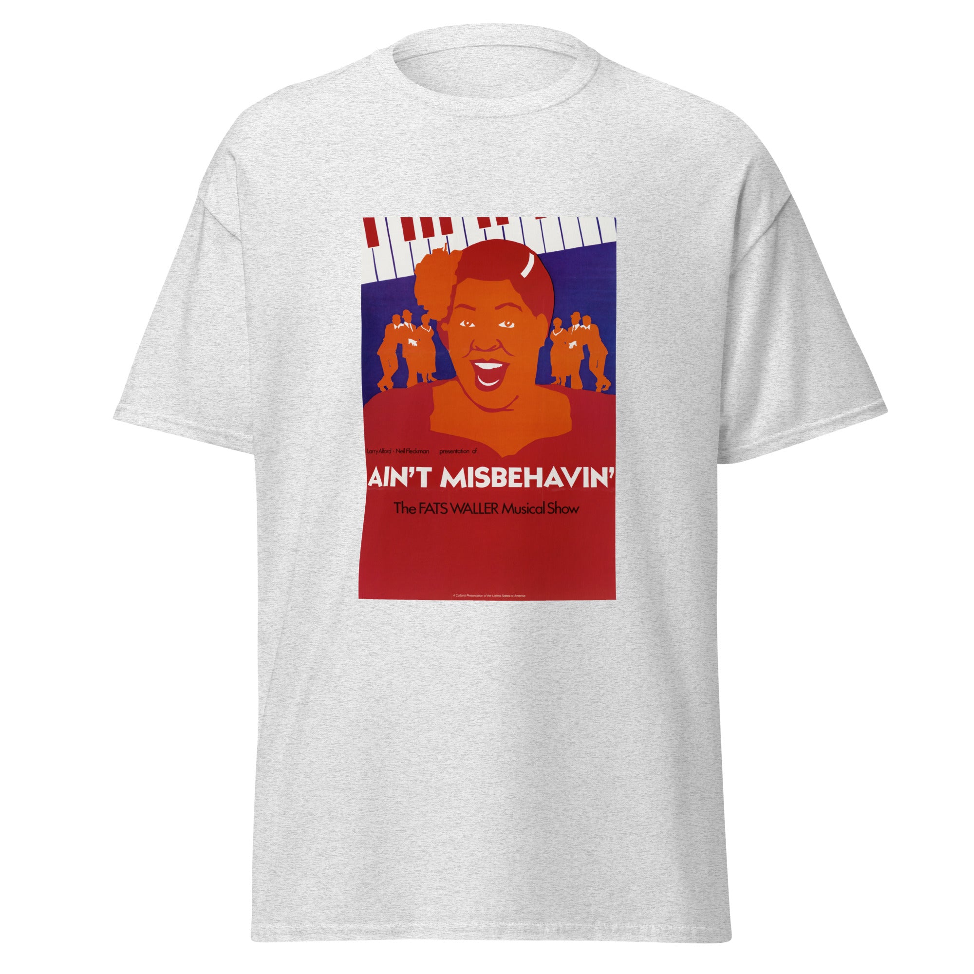 Unisex black t-shirt featuring vintage Aint Misbehavin Fats Waller poster artwork printed across the front